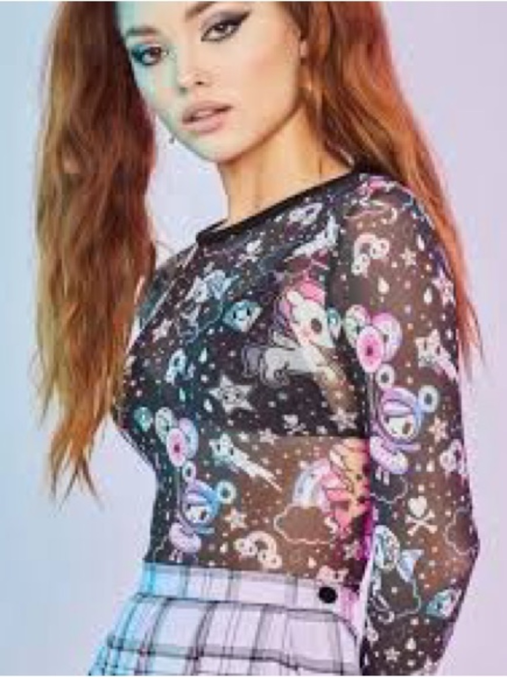 Dolls Kill x Tokidoki Black Sheer Mesh Long Sleeve Space Print Tee Shirt